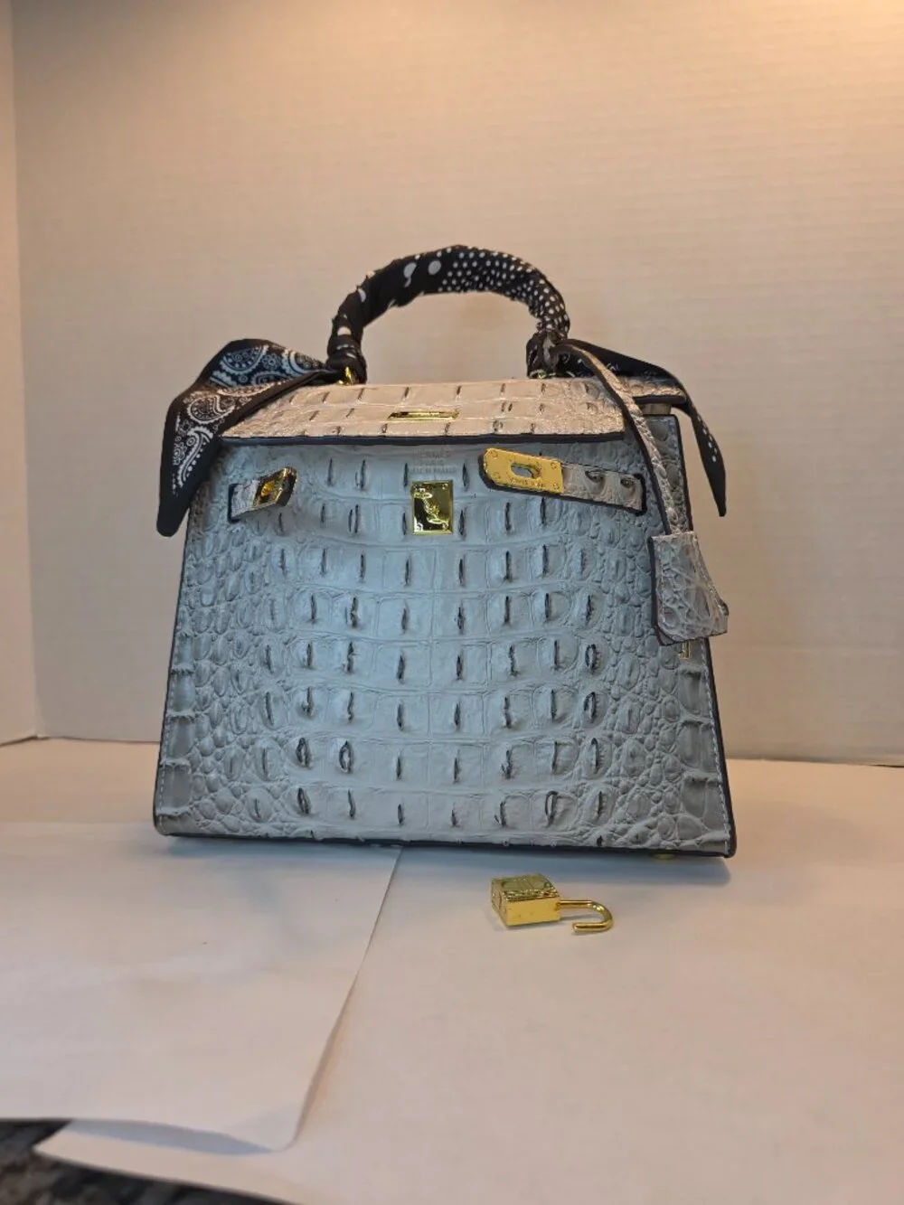 Beautiful Croc Embossed Top Handle Fashion Bag with Padlock  & Twilly NWOT
